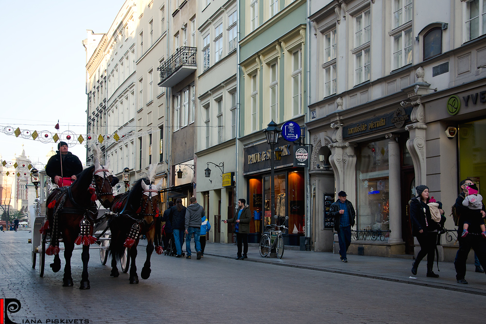 Christmas in Krakow. This year my family was lucky to visit the Catholic Christmas in Krakow. It was abnormally warm winter +14°C. No snow. Christmas fairs, festive streets, countless tourists, this is what Krakow is on holiday. It is hectic and dreamy at the same time. There are many decorated Christmas trees in the main square, as well as other trees dressed with garlands, wooden huts with various tasty foods – from sausages and barbecue to caramelized apples and biscuits – delicacies suiting every taste. Fair is the highlight of Christmas city for tourists. These days the fair is also in Krakow. Here you can try a variety of tasty foods: fried sausages and potatoes, bigos, dumplings, grilled chicken breast, flavored mulled wine...Shooting photos, I was sorry that couldn’t express delicious flavor that was in the air and attracted passersby. There were a lot of Christmas trees and huge bright colored ornaments, near which I felt very tiny. There also were handmade ceramics, various stuffed toys, straw angels and Christmas decorations to fit every taste.